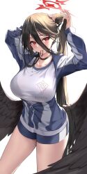 Rule 34 | 1girl, absurdres, adjusting hair, black choker, black hair, black wings, blue archive, breasts, choker, feathered wings, gym shirt, gym shorts, gym uniform, halo, hasumi (blue archive), hasumi (track) (blue archive), high ponytail, highres, huge breasts, jacket, large wings, long hair, low wings, mole, mole under eye, mouth hold, official alternate costume, partially unzipped, pdxen, red eyes, shirt, shorts, track jacket, wings