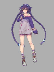 Rule 34 | 1girl, :d, alternate costume, bare legs, bare shoulders, blue eyes, braid, casual, character name, d-pad, d-pad hair ornament, full body, hair ornament, hand on own chest, highres, long hair, looking at viewer, neptune (series), off shoulder, open mouth, power symbol, purple hair, purple heart (neptunia), simple background, smile, solo, sweater, symbol-shaped pupils, twin braids, twintails, very long hair, very long sleeves, white crow