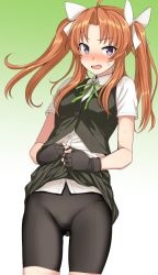 Rule 34 | 1girl, ahoge, bike shorts, black gloves, black shorts, black skirt, black vest, blush, brown hair, clothes lift, commentary request, fingerless gloves, gloves, gradient background, green background, green ribbon, hair ribbon, kagerou (kancolle), kagerou kai ni (kancolle), kantai collection, kumadano, lifting own clothes, long hair, looking at viewer, neck ribbon, purple eyes, ribbon, school uniform, shirt, short sleeves, shorts, shorts under skirt, skirt, skirt lift, solo, twintails, vest, white background, white gloves, white ribbon, white shirt