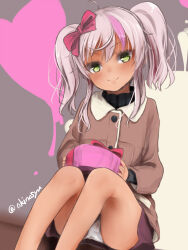 Rule 34 | 1girl, akino shuu, ass, blush, box, brown jacket, buttons, closed mouth, comandante cappellini (kancolle), feet out of frame, gift, gift box, green eyes, grey hair, hair between eyes, heart, holding, holding gift, jacket, kantai collection, long hair, long sleeves, looking at viewer, official alternate costume, panties, smile, solo, twintails, twitter username, underwear, white panties