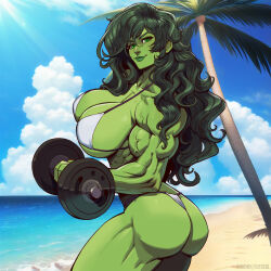 Rule 34 | 1girl, absurdres, ass, beach, bikini, breasts, colored skin, elee0228, exercising, green eyes, green hair, green lips, green skin, highres, jennifer walters, large breasts, long hair, looking at viewer, marvel, muscular, muscular female, she-hulk, swimsuit, tree, weightlifting