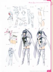 Rule 34 | 10s, 1girl, armor, concept art, frills, green eyes, highres, long hair, looking at viewer, multiple views, phantom queen ex-xecty, ponytail, purple hair, shining (series), shining hearts, thighhighs, tony taka, transparent background, underwear, variations, visor, zettai ryouiki
