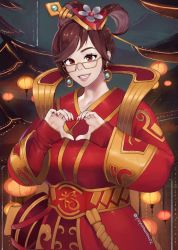 Rule 34 | 1girl, bad id, bad twitter id, bag, breasts, brown eyes, brown hair, chinese clothes, chinese zodiac, dizim, earrings, glasses, grin, hair ornament, hair rings, heart, heart hands, highres, jewelry, lantern, large breasts, luna mei, mei (overwatch), nail polish, overwatch, overwatch 1, paper lantern, red nails, smile, solo, twitter username, upper body, year of the rooster