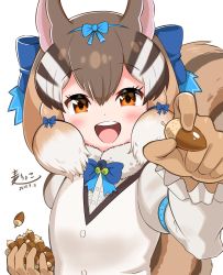 Rule 34 | 1girl, acorn, blue bow, blue bowtie, blush, bow, bowtie, brown eyes, brown gloves, brown hair, brown shirt, chipmunk ears, chipmunk girl, chipmunk tail, commentary request, gloves, hair bow, highres, juliet sleeves, kemono friends, kemono friends v project, light brown hair, long sleeves, looking at viewer, mugichoko (mugi choco416), multicolored hair, multicolored shirt, open mouth, pov, puffy sleeves, reaching, reaching towards viewer, shirt, short hair, siberian chipmunk (kemono friends), sidelocks, smile, solo, virtual youtuber, white hair, white shirt