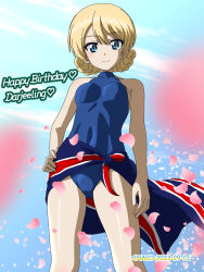 Rule 34 | 1girl, blonde hair, blue eyes, blue one-piece swimsuit, blush, braid, breasts, closed mouth, covered navel, darjeeling (girls und panzer), french braid, girls und panzer, happy birthday, highres, looking at viewer, naotosi, one-piece swimsuit, small breasts, smile, solo, swimsuit