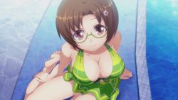 Rule 34 | 1girl, blazblue, breasts, brown eyes, brown hair, cleavage, flower, frills, game cg, glasses, green one-piece swimsuit, hair flower, hair ornament, higuchi konomi, himezuru hinata, large breasts, looking at viewer, official art, one-piece swimsuit, pool, sitting, skirt, smile, solo, swimsuit, water, xblaze, xblaze code: embryo