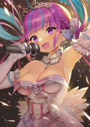 Rule 34 | 1girl, :d, absurdres, anchor ornament, arm up, armpits, backlighting, blue hair, blush, bow, braid, breasts, cleavage, closed eyes, commentary request, dress, earrings, ebinomi, elbow gloves, gloves, hair bow, highres, holding, holding microphone, hololive, jewelry, looking at viewer, medium breasts, microphone, minato aqua, minato aqua (aqua iro super dream), multicolored hair, music, necklace, open mouth, purple bow, purple eyes, purple hair, singing, smile, solo, strapless, strapless dress, tiara, twintails, two-tone hair, upper body, virtual youtuber, white dress, white gloves