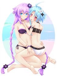 Rule 34 | 2girls, :o, arm between breasts, arm strap, ass, beach, bead bracelet, beads, between breasts, bikini, black flower, blue eyes, blue hair, blush, bracelet, braid, breasts, butt crack, commentary request, daenu, day, embarrassed, flower, framed image, from behind, front-tie bikini top, front-tie top, full body, hair between eyes, hair flower, hair ornament, hand around waist, hand on another&#039;s thigh, hand on another&#039;s waist, hand up, hands up, highres, hug, jewelry, kneeling, large breasts, long hair, looking at viewer, looking back, medium breasts, medium hair, multiple girls, navel, neptune (series), ocean, open mouth, outdoors, power symbol, power symbol-shaped pupils, purple flower, purple hair, purple heart (neptunia), red eyes, side-tie bikini bottom, sitting, sitting on lap, sitting on person, smile, straddling, surprised, swimsuit, symbol-shaped pupils, thigh grab, twin braids, twintails, two-tone bikini, very long hair, white flower, white heart (neptunia), wristband, yuri