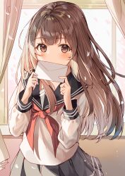 Rule 34 | 1girl, aroa (aroamoyasi), black sailor collar, blush, brown eyes, brown hair, commentary request, curtains, grey skirt, highres, holding, holding letter, indoors, letter, long hair, long sleeves, looking at viewer, neckerchief, original, pleated skirt, red neckerchief, sailor collar, school uniform, serafuku, shirt, skirt, solo, standing, uniform, white shirt, window