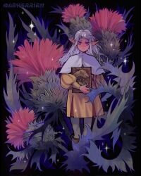 Rule 34 | 1boy, androgynous, asherririi, black background, book, dark-skinned male, dark elf, dark skin, dungeon meshi, elf, floral background, flower, grimoire, highres, holding, holding book, long hair, long sleeves, looking at viewer, male focus, pointy ears, puffy sleeves, purple eyes, red flower, short bangs, solo, sparkle, standing, thistle (dungeon meshi), trap, tunic, wavy hair, white hair