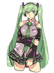 Rule 34 | 1girl, bare shoulders, closed mouth, collared shirt, contrapposto, cowboy shot, cropped legs, detached sleeves, green eyes, green hair, green necktie, grey shirt, hatsune miku, headphones, holding own arm, layered skirt, long hair, long sleeves, looking to the side, miniskirt, necktie, pleated skirt, ruukii drift, shirt, sideways glance, simple background, skirt, solo, standing, twintails, very long hair, vocaloid, white background, wing collar