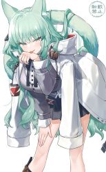 Rule 34 | 1girl, animal ear fluff, animal ears, arknights, armband, bad hands, bent over, bow, bowtie, breasts, cardigan, cat ears, cat tail, coat, coat on shoulders, commentary, english text, feet out of frame, geta (epicure no12), green eyes, green hair, grey cardigan, grey skirt, hand on own leg, hand up, harmonie (arknights), highres, large breasts, licking, licking hand, long hair, long sleeves, paw pose, pleated skirt, sidelocks, skirt, smile, solo, tail, tongue, tongue out, very long hair, white coat