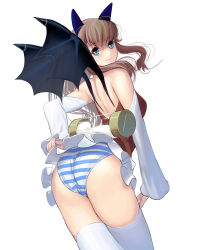 Rule 34 | 1girl, animal ears, ass, back, bare shoulders, bat wings, blue eyes, blue panties, brown hair, container, cowboy shot, demon girl, detached sleeves, from behind, highres, kouno (masao), long hair, looking back, mini wings, original, panties, ponytail, revision, sidelocks, simple background, smile, solo, striped clothes, striped panties, suggestive fluid, thighhighs, underwear, white background, white thighhighs, wings