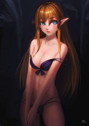 1girl absurdres black_bra blue_eyes blush bra breasts brown_hair cleavage darkmuleth female_focus highres long_hair looking_at_viewer navel off_shoulder original panties parted_lips pointy_ears shiny_skin skindentation solo strap_slip underwear underwear_only very_long_hair