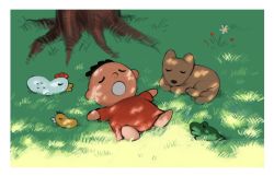 Rule 34 | 1boy, bird, black hair, border, character request, chick, chicken, closed eyes, commentary request, day, dog, flower, frog, grass, kondate (inugrm), lying, minna no taabou, on back, open mouth, outdoors, plant roots, red shirt, rooster, sanrio, shirt, short hair, short sleeves, sleeping, smile, very short hair, white border