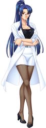 Rule 34 | 00s, 1girl, belt, bespectacled, blue hair, breasts, brown pantyhose, cleavage, collarbone, crossed arms, crossed legs, dress shirt, female focus, full body, glasses, high heels, kagami hirotaka, lab coat, large breasts, legs, lilith-soft, long hair, looking at viewer, pantyhose, ponytail, red eyes, shiny clothes, shiny skin, shirt, shoes, skirt, solo, standing, taimanin (series), taimanin asagi, taimanin asagi 3, taimanin murasaki, thighs, transparent background, yatsu murasaki