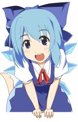 Rule 34 | 1girl, arm support, barefoot, blue eyes, blue hair, blush, cirno, embodiment of scarlet devil, female focus, highres, ijjapan2, jpeg artifacts, matching hair/eyes, open mouth, pman (kazumi), simple background, smile, solo, touhou, wings