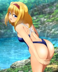 Rule 34 | 1girl, absurdres, alice margatroid, ass, back, bare arms, bare legs, blonde hair, blue eyes, blush, breasts, from behind, highres, leaning forward, legs, looking back, medium breasts, medium hair, one-piece swimsuit, open mouth, outdoors, river, solo, standing, swimsuit, thighs, touhou, water, wedgie, yadokari genpachirou