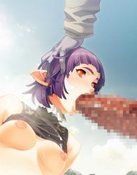 Rule 34 | blush, breasts, censored, clothes lift, elf, fellatio, hand on head, highres, huge penis, nipples, oral, penis, pointy ears, purple hair, red eyes, shirt lift, short hair, tagme, tears