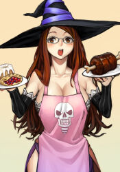 Rule 34 | 1girl, apron, bare shoulders, bespectacled, blush, breasts, brown eyes, brown hair, cleavage, detached sleeves, dragon&#039;s crown, dress, food, glasses, hat, holding, holding plate, kahadu (kawazu), large breasts, long hair, looking at viewer, meat, open mouth, pastry, pink apron, plate, simple background, skull print, solo, sorceress (dragon&#039;s crown), upper body, white background, witch hat