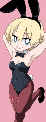 Rule 34 | 1girl, animal ears, armpits, arms behind head, arms up, black footwear, black leotard, blonde hair, blue eyes, bow, bowtie, braid, breasts, bright pupils, brown pantyhose, chibi, closed mouth, covered navel, darjeeling (girls und panzer), detached collar, fake animal ears, fake tail, girls und panzer, high heels, highres, leg up, leotard, looking at viewer, medium breasts, pantyhose, pink background, playboy bunny, ponzu rui, rabbit ears, rabbit tail, short hair, smile, solo, standing, standing on one leg, strapless, strapless leotard, tail, white pupils, wing collar