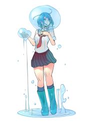 Rule 34 | 1girl, blue eyes, blue hair, bubble, full body, hitoto, holding breath, matching hair/eyes, original, puddle, school uniform, serafuku, short hair, skirt, sleeves rolled up, solo, standing, transparent background, water