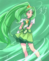 Rule 34 | 10s, 1girl, bike shorts, bike shorts under skirt, bow, brooch, chocokin, choker, circlet, crossed arms, cure march, dated, green background, green bow, green eyes, green hair, green shorts, green skirt, green theme, jewelry, long hair, looking away, magical girl, matching hair/eyes, midorikawa nao, ponytail, precure, serious, shorts, shorts under skirt, signature, skirt, smile precure!, solo, standing, tri tails