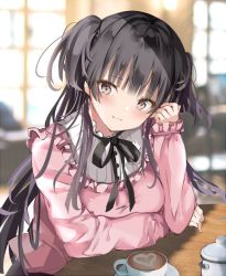 Rule 34 | 1girl, :3, arm rest, arm under breasts, bad id, bad twitter id, black hair, black ribbon, blunt bangs, blurry, blurry background, blush, breasts, brown eyes, cappuccino, closed mouth, commentary request, cup, frills, hand in own hair, heart, idolmaster, idolmaster shiny colors, indoors, long hair, long sleeves, looking at viewer, mayuzumi fuyuko, medium breasts, neck ribbon, pink shirt, pon (ponidrop), ribbon, saucer, shirt, sitting, sleeves past wrists, smile, solo, sugar bowl, table, two side up, upper body, window