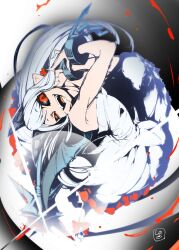 1girl black_sclera colored_sclera cuffs demon_girl dress flat_chest grin highres long_hair looking_at_viewer neichiru open_mouth phantom_kingdom pointy_ears pram_(phantom_kingdom) red_eyes shackles smile solo white_dress white_hair