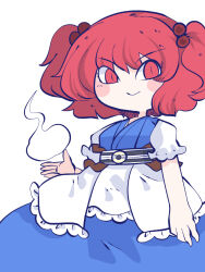 Rule 34 | 1girl, black sash, blue dress, blush stickers, chahan (fried rice0614), closed mouth, coin, coin on string, dress, hair bobbles, hair ornament, highres, one-hour drawing challenge, onozuka komachi, red eyes, red hair, sash, short hair, short sleeves, simple background, smile, solo, touhou, two side up, upper body, white background