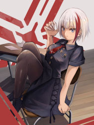 Rule 34 | 1girl, absurdres, admiral graf spee (azur lane), admiral graf spee (girl&#039;s sunday) (azur lane), admiral graf spee (girl&#039;s sunday) (azur lane), azur lane, black dress, blue eyes, breasts, dress, highres, looking at viewer, medium breasts, meiyan (boyimachao), multicolored hair, necktie, no tail, pantyhose, red necktie, short hair, short necktie, sitting, solo, stool, streaked hair, white hair