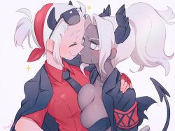 Rule 34 | 2girls, armband, artist name, black horns, blush, breast press, breasts, cleavage, closed eyes, closed mouth, collarbone, collared shirt, commentary request, dark-skinned female, dark skin, demon girl, demon horns, demon tail, eyewear on head, face-to-face, fingerless gloves, gloves, hand on shoulder, helltaker, highres, horns, jacket, jacket on shoulders, judgement (helltaker), justice (helltaker), large breasts, looking at another, medium hair, multiple girls, necktie, noah (tettsui-sole), open clothes, open jacket, ponytail, shirt, short hair, short sleeves, simple background, smile, star (symbol), sweatdrop, tail, white background, white eyes, white hair