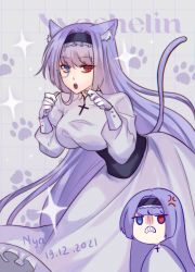 Rule 34 | 1girl, 3di project, amel3di, animal ears, blue eyes, breasts, cat ears, cat girl, cat tail, dated, dress, hairband, heterochromia, highres, large breasts, long sleeves, marcheline, puffy long sleeves, puffy sleeves, red eyes, solo, tail, vietnamese text, virtual youtuber, white dress