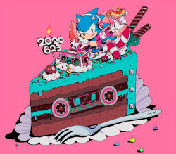 Rule 34 | 1boy, aimf, alternate costume, animal ears, animal nose, arm up, artist name, birthday, blue fur, blue hair, body fur, boombox, cake, cake slice, candle, cassette tape, chili dog, closed mouth, cream, crown, dated, english text, fire, food, food focus, fork, fruit, furry, furry male, gloves, green eyes, half-closed eye, hand on own cheek, hand on own face, hand up, happy, head rest, headphones, hot dog, in food, jacket, long sleeves, looking at viewer, male focus, mini crown, mini person, miniboy, mint, open clothes, open jacket, outstretched arm, pink background, pink jacket, raglan sleeves, red footwear, ring (sonic), shoes, signature, simple background, smile, socks, solo, sonic (series), sonic the hedgehog, spiked hair, sprinkles, strawberry, tongue, tongue out, twitter username, uneven eyes, wafer stick, white gloves, white sleeves, white socks