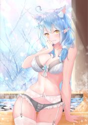 Rule 34 | 1girl, ahoge, animal ear fluff, animal ears, black panties, blue hair, blush, bra, breasts, cat ears, cleavage, commentary request, cowboy shot, elf, extra ears, flower, frilled panties, frills, garter belt, hair flower, hair ornament, hairclip, harada haruki, heart, heart ahoge, highres, hololive, lace, lace-trimmed bra, lace trim, large breasts, long hair, looking at viewer, navel, panties, parted lips, pointy ears, pom pom (clothes), pom pom hair ornament, solo, standing, stomach, thigh strap, thighhighs, underwear, underwear only, virtual youtuber, water, white bra, white thighhighs, yellow eyes, yukihana lamy