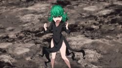 Rule 34 | 1girl, angry, animated, animated gif, bare legs, black dress, dress, green eyes, green hair, matching hair/eyes, one-punch man, phone, solo, standing, tatsumaki