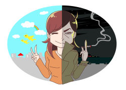 Rule 34 | 1girl, artist request, bird, cigarette, cloud, coat, day, frown, highres, higuchi (trigger), house, night, official art, promotional art, rainbow, simple background, smile, star (symbol), trigger (company)