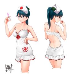 Rule 34 | 1girl, alternate costume, back, backless dress, backless outfit, bare arms, bare shoulders, blue eyes, blue hair, breasts, closed mouth, collarbone, cropped legs, cross, dress, finger to mouth, from behind, hand on own hip, head scarf, highres, holding, holding syringe, houshou (kancolle), kantai collection, long hair, looking at viewer, looking back, medium breasts, multiple views, nurse, parted lips, ponytail, red cross, signature, simple background, sleeveless, sleeveless dress, smile, syringe, tadokoro nurikabe, white background, white dress