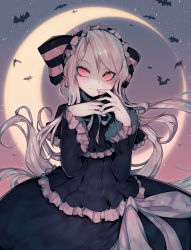 Rule 34 | 1girl, bat (animal), blood, blood in mouth, bonnet, bow, crescent moon, dress, frilled dress, frills, gothic lolita, highres, lolita fashion, moon, overlord (maruyama), pale skin, parororo, red eyes, revision, shalltear bloodfallen, silver hair, solo, striped, striped bow, undead, vampire