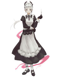Rule 34 | 1girl, absurdres, aiv, apron, arknights, black dress, black footwear, black gloves, cross hair ornament, dress, earrings, full body, gloves, grey eyes, grey hair, hair ornament, head wings, highres, holding, holding knife, irene (arknights), jewelry, knife, long hair, long sleeves, looking at viewer, maid, pink ribbon, ponytail, red pupils, ribbon, shoes, signature, simple background, socks, solo, standing, tachi-e, white apron, white background, white socks, wings