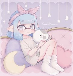 Rule 34 | 1girl, artist name, bandana, bed, blunt bangs, bob cut, commentary request, english text, highres, holding, inkling, inkling girl, inkling player character, li&#039;l judd (splatoon), long hair, looking at viewer, nintendo, on bed, pillow, pioxpioo, pointy ears, shirt, short sleeves, shorts, signature, sitting, socks, solo, splatoon (series), tentacle hair