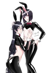 Rule 34 | 2girls, animal ears, black hair, bow, bowtie, breasts, dated, fake animal ears, fake tail, fate/grand order, fate (series), hand on own hip, horns, large breasts, long hair, meme attire, minamoto no raikou (fate), multiple girls, parted bangs, purple eyes, rabbit ears, rabbit tail, reverse bunnysuit, reverse outfit, short hair, shuten douji (fate), signature, skin-covered horns, small breasts, smile, tail, titiduki (manman-ya), tongue, tongue out, very long hair, wrist cuffs
