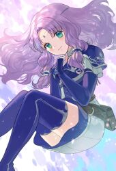 Rule 34 | 1girl, armor, blue eyes, blue footwear, blue gloves, boots, closed mouth, dress, elbow gloves, fingerless gloves, fire emblem, fire emblem: the blazing blade, floating, floating hair, florina (fire emblem), gloves, highres, kiyuu, long hair, looking at viewer, nintendo, parted bangs, purple hair, shoulder armor, smile, solo, thigh boots