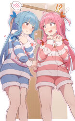 Rule 34 | !?, 2girls, absurdres, adapted costume, alternate costume, blue hair, blue pajamas, blue ribbon, blue shorts, blunt bangs, blush, border, breath, commentary request, door, drooling, eye contact, feet out of frame, hair ribbon, halftone, hands up, head steam, heart, highres, hood, hood down, hooded pajamas, hugging object, incest, kotonoha akane, kotonoha aoi, long hair, long sleeves, looking at another, looking to the side, low-tied sidelocks, mouth drool, multiple girls, one side up, open mouth, orange ribbon, outline, outside border, pajamas, pigeon-toed, pillow, pillow hug, pink hair, pink nails, pink pajamas, pink shorts, red eyes, ribbon, shirt tug, short shorts, shorts, siblings, sidelocks, sisters, smile, spoken blush, standing, striped clothes, striped pajamas, sumitsubame, trembling, voiceroid, white border, wide-eyed, yes, yes-no pillow, yuri
