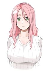 Rule 34 | 1girl, blush, breasts, copyright request, green eyes, hair between eyes, large breasts, looking at viewer, parted lips, pink hair, ribbed sweater, simple background, smile, solo, sweater, tachibana roku, upper body, white background, white sweater