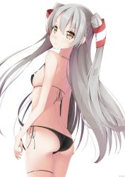 Rule 34 | 1girl, amatsukaze (kancolle), arms at sides, ass, back, bikini, black bikini, brown eyes, cowboy shot, from behind, from below, hair tubes, highres, kantai collection, lineflo, long hair, looking at viewer, looking back, side-tie bikini bottom, silver hair, simple background, solo, standing, swimsuit, thigh strap, thighs, two side up, v-shaped eyebrows, very long hair, wavy mouth, white background