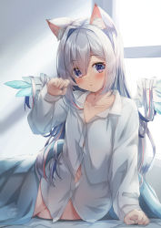 Rule 34 | 1girl, absurdres, amane kanata, angel wings, animal ear fluff, animal ears, arm support, blue eyes, blue hair, blush, cat ears, collared shirt, dress shirt, eyes visible through hair, hand up, highres, hololive, long hair, long sleeves, looking at viewer, multicolored hair, naked shirt, on bed, parted lips, paw pose, pink hair, shirt, silver hair, solo, streaked hair, under covers, very long hair, virtual youtuber, white shirt, wings, yukikawa sara
