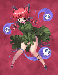 Rule 34 | 1girl, animal ears, braid, cat ears, cat girl, cat tail, covering privates, covering crotch, dress, extra ears, fang, female focus, kaenbyou rin, kurogarasu, multiple tails, panties, pointy ears, red eyes, red hair, short hair, skull, solo, tail, touhou, twin braids, twintails, underwear, white panties, wind, wind lift