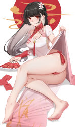 Rule 34 | 1girl, absurdres, ass, bare legs, barefoot, bikini, black hair, braid, breasts, china dress, chinese clothes, cleavage, clothes lift, colored inner hair, commentary, dress, dress lift, flower, gradient hair, grey hair, hair flower, hair ornament, hand fan, highres, jewelry, legs, lifting own clothes, lips, long hair, looking at viewer, lying, medium breasts, multicolored hair, necklace, on side, original, panties, parted lips, pelvic curtain, red eyes, red panties, side-tie bikini bottom, simple background, soles, solo, swimsuit, tassel, thighs, toes, underwear, white background, white dress, xian yu