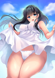 Rule 34 | 1girl, :d, bare arms, bare shoulders, black hair, blue eyes, blue sky, breasts, clothes lift, cloud, commentary request, day, dress, dress lift, fang, floating hair, from below, highres, lifting own clothes, long hair, looking at viewer, mameyarou, medium breasts, open mouth, original, outdoors, panties, sky, smile, solo, underwear, very long hair, white dress, white panties